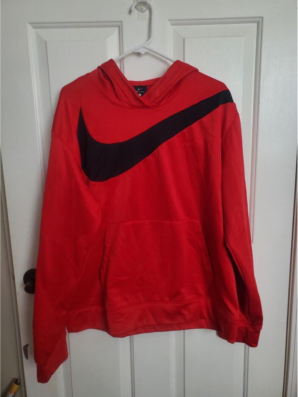 Nike Dri-fit Hoodie Mens Large Red Black Big Swoosh Sportswear Sweatshirt Y2K